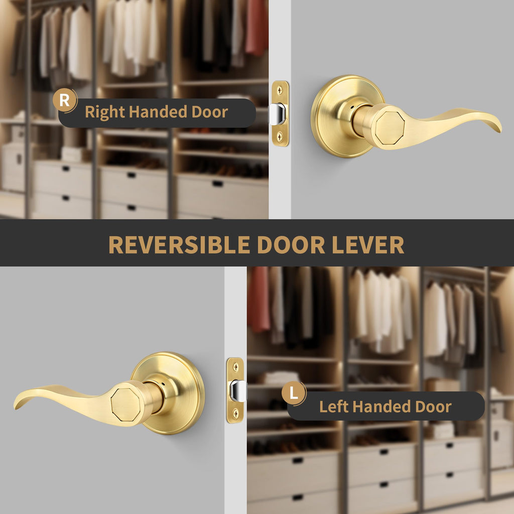 Brushed Gold Wave Style Passage Door Handle Without Keys, Non-Locking Door Lever /Closet in Satin Brass Finish, No