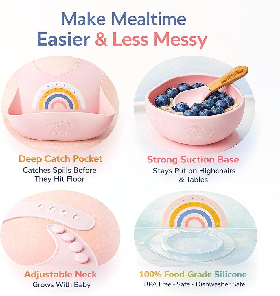 Silicone Bib and Suction Bowl Set - Baby Led Weaning Feeding Set with Adjustable Bib, Food Catcher Pocket, Strong