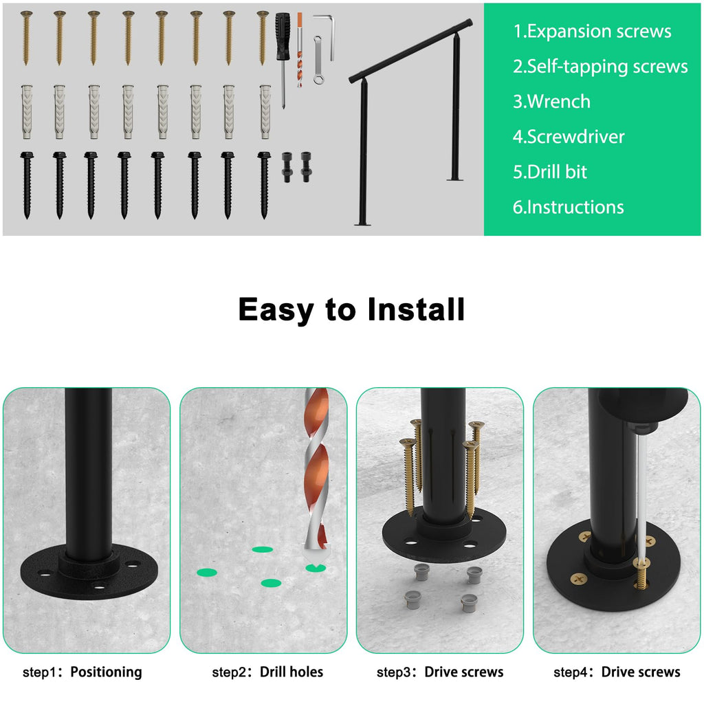 Hand Rails for Outdoor Steps - Adjustable Handrail Railing Kit for Indoor Stairs (2-3 Steps), Easy One-Step Assembly