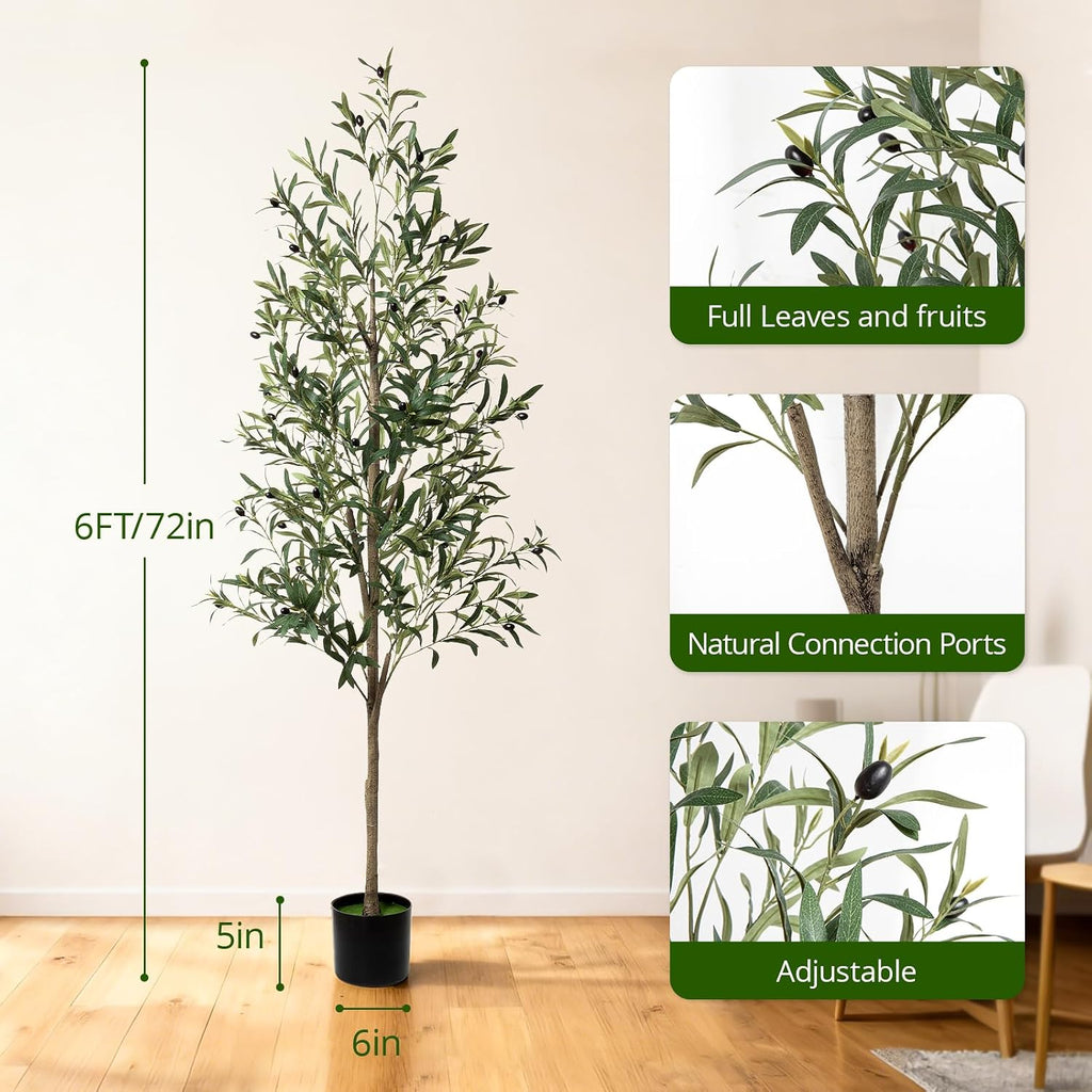 6ft Faux Olive Tree, Artificial Olive Tree Indoor, High Imitation Silk Plant Artificial Plants with Natural Wood
