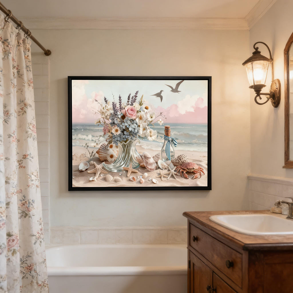 Black Framed Pink Ocean Beach Bathroom Wall Art Ocean Theme Flower Wall Decor Vase Bathroom Posters Prints for