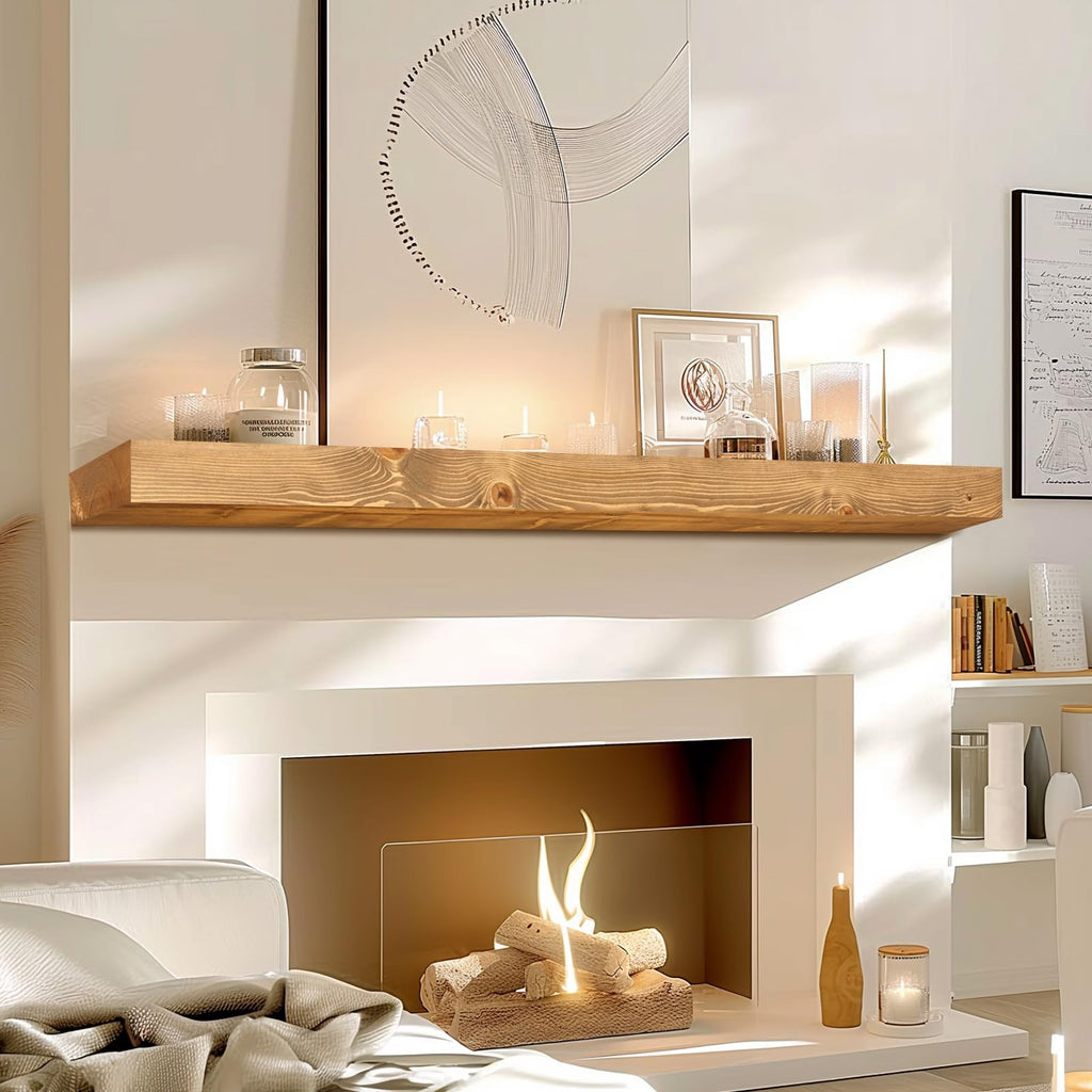 48x7x3in Solid Pine Wood Fireplace Mantel, Natural Wood