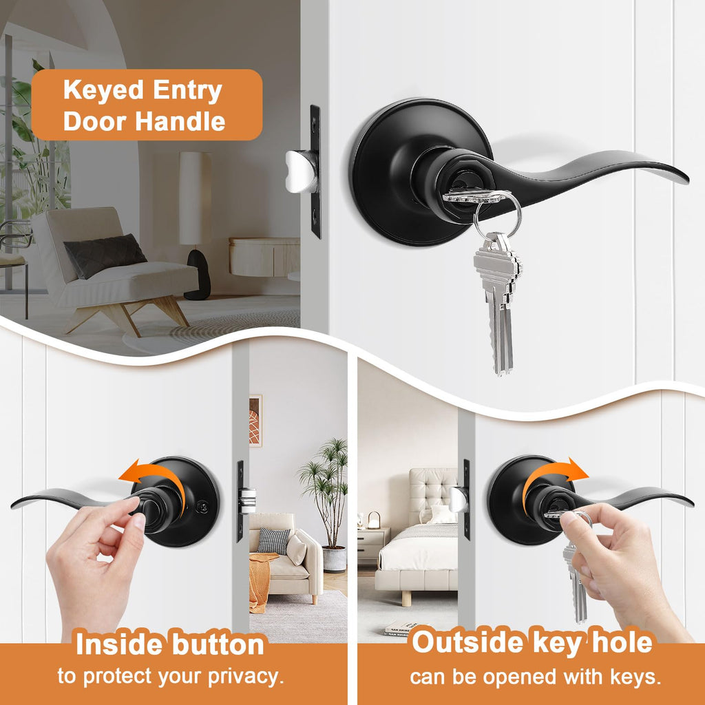 4 Pack Black Entry Knobs with Lock and Key, Keyed Alike Lockset Combo Pack, Indoor and Outdoor Leversets, Reversible