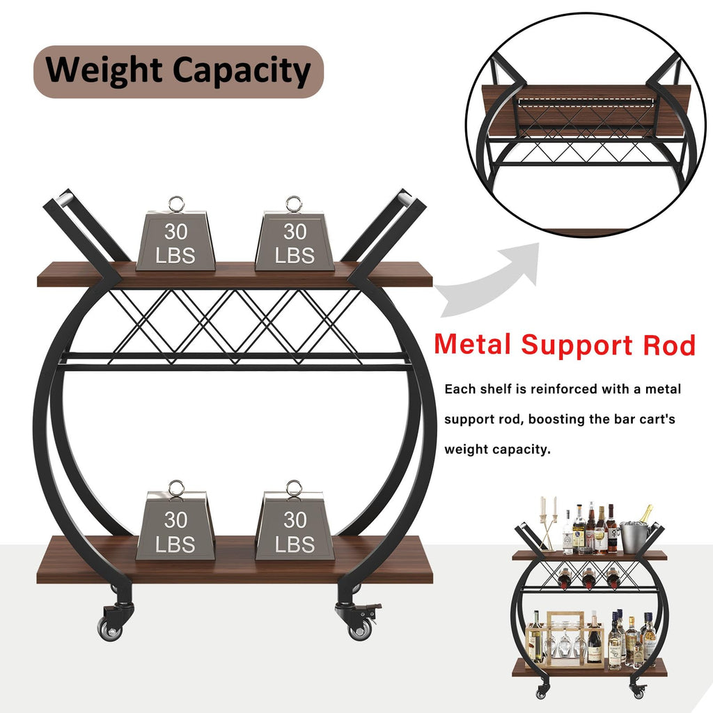 Modern Bar Cart, Industrial Rolling Wine Cart with Wine Rack, Walnut