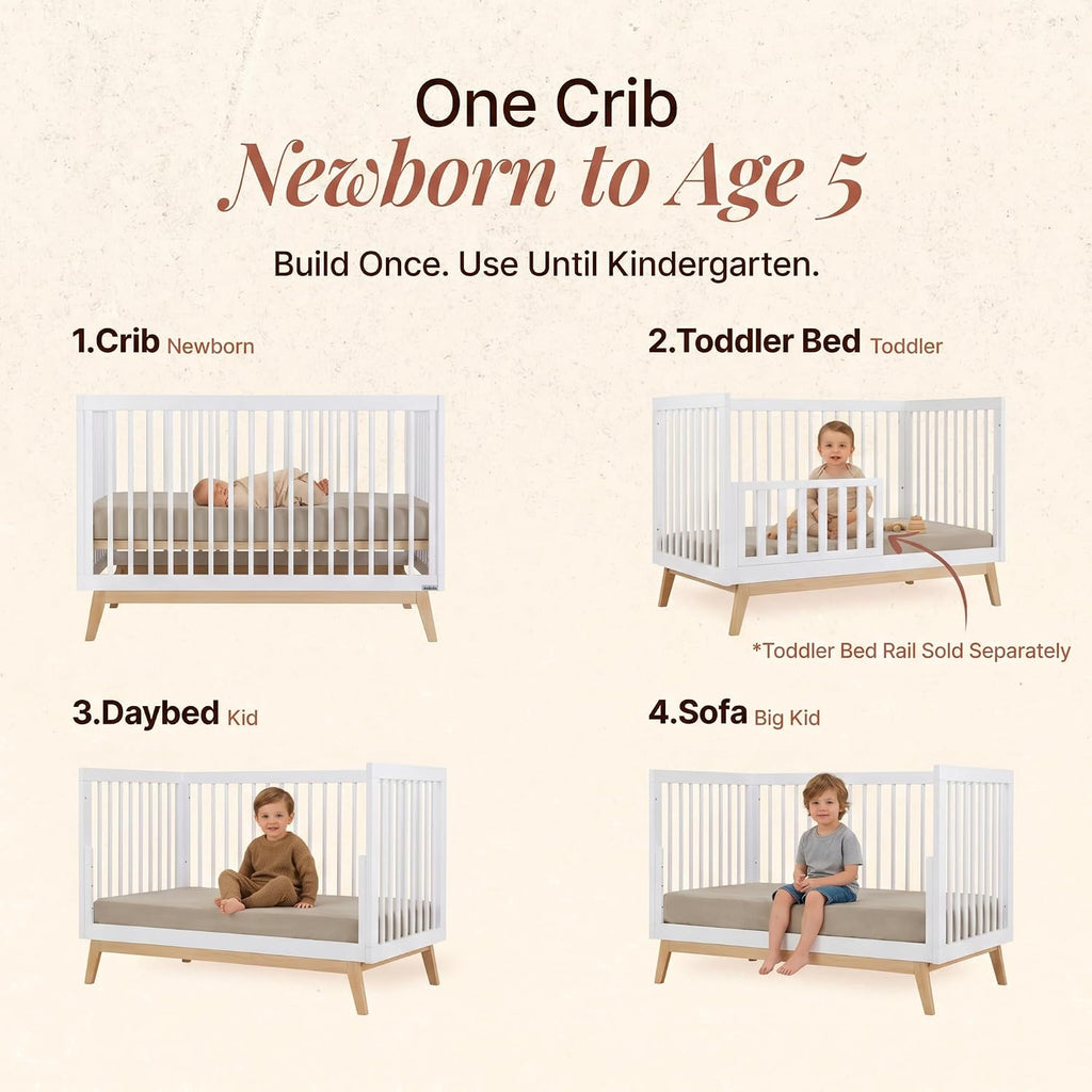 Baby Soho 3-in-1 Convertible Wood Crib, Made in Italy, White/Natural | Crib to Toddler Bed, GREENGUARD Gold