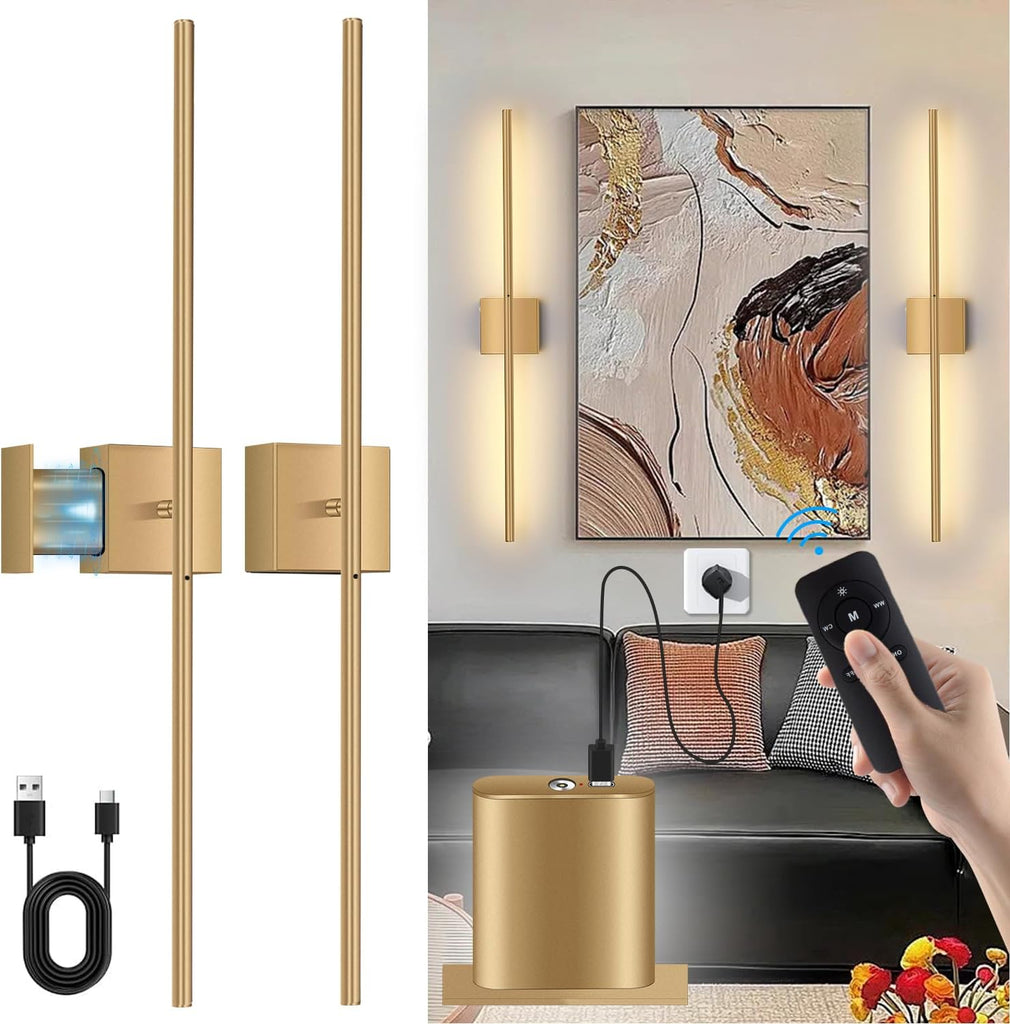 Battery Operated Wall Sconces Set of 2, USB Rechargeable Wall Lights with Remote Control, 360° Rotation, 6000mAh