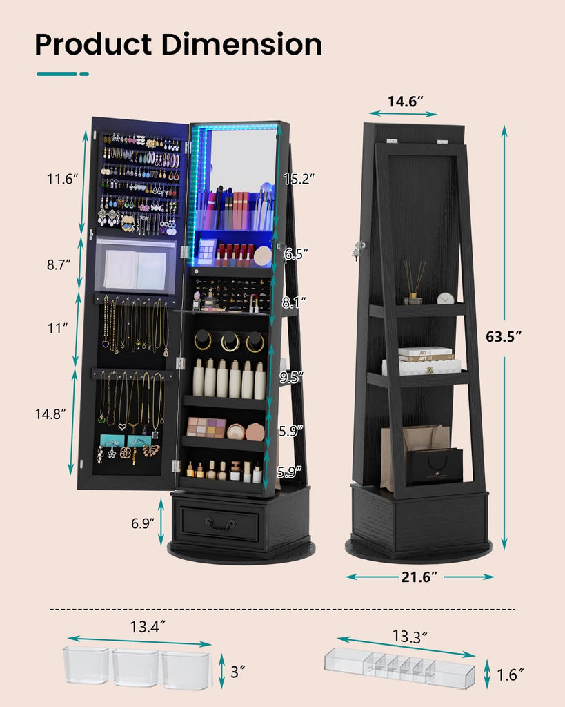Mirror Jewelry Cabinet with Lights, Full Length Mirror and Storage