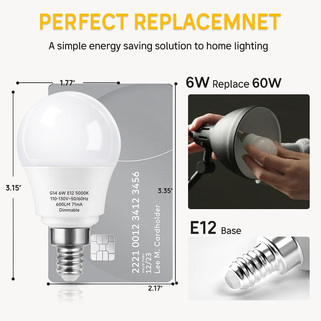 6W E12 Ceiling Fan Light Bulbs Dimmable, 60W Equivalent
