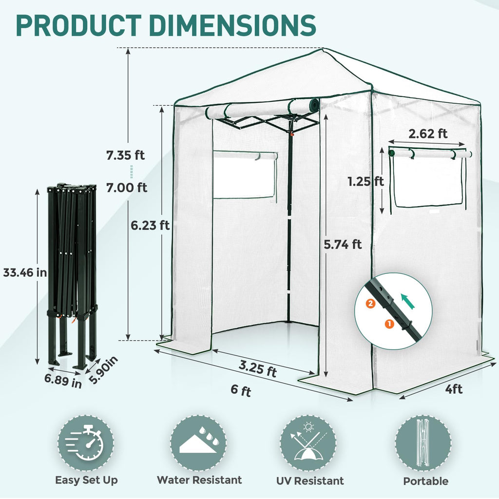 6x4 Easy Setup Small Pop Up Greenhouse, Clear/White