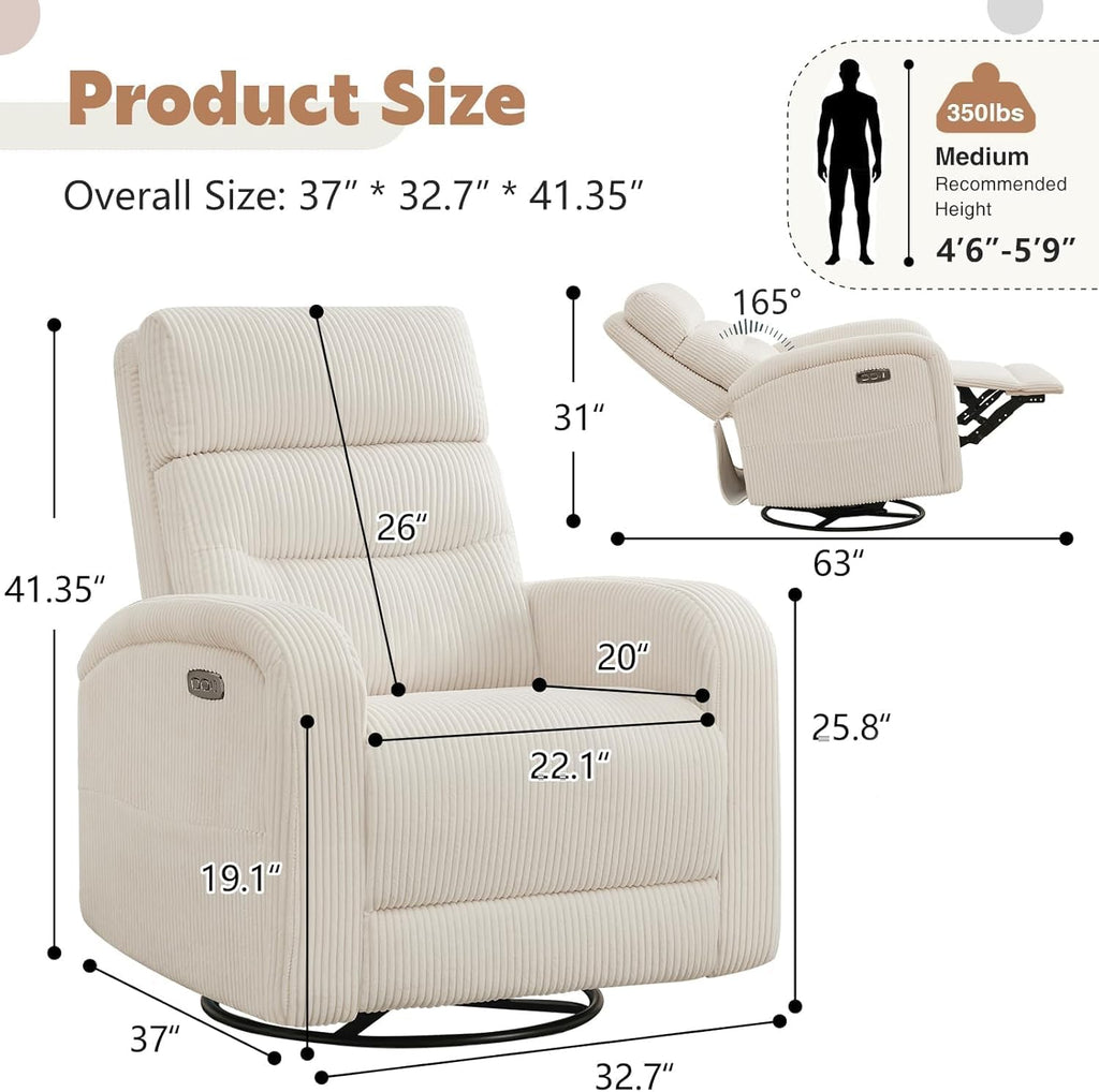 Power Swivel Rocker Recliner Chair,Nursery Glider Recliner,Cream White | 270° Swivel Rocker with Type-C & USB Port
