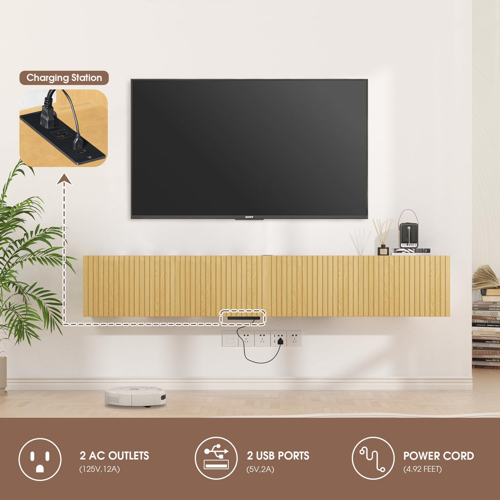 82" Floating TV Stand with LED Lights & Charging Station, Wall Mounted Entertainment Center for 75 80 inch TV, Modern