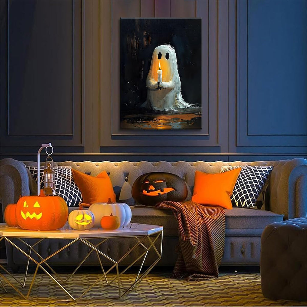 Halloween Ghost Canvas Wall Art Prints Ghost Holding Candle Picture Wall Decor Cute Gothic Painting Vintage Dark