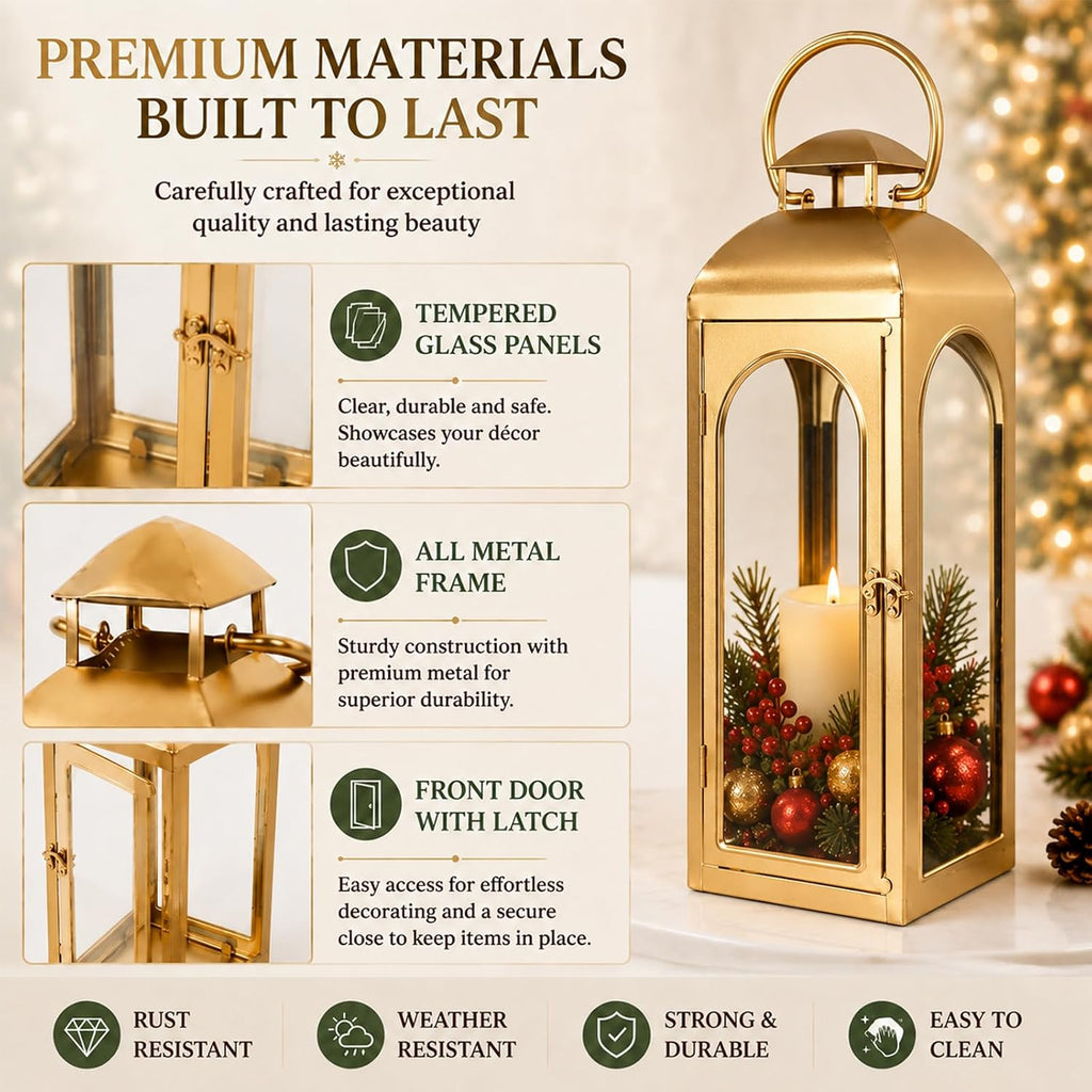 Christmas Decorative Lanterns Gold Metal Candle Holders 20 Inch 2 Pack