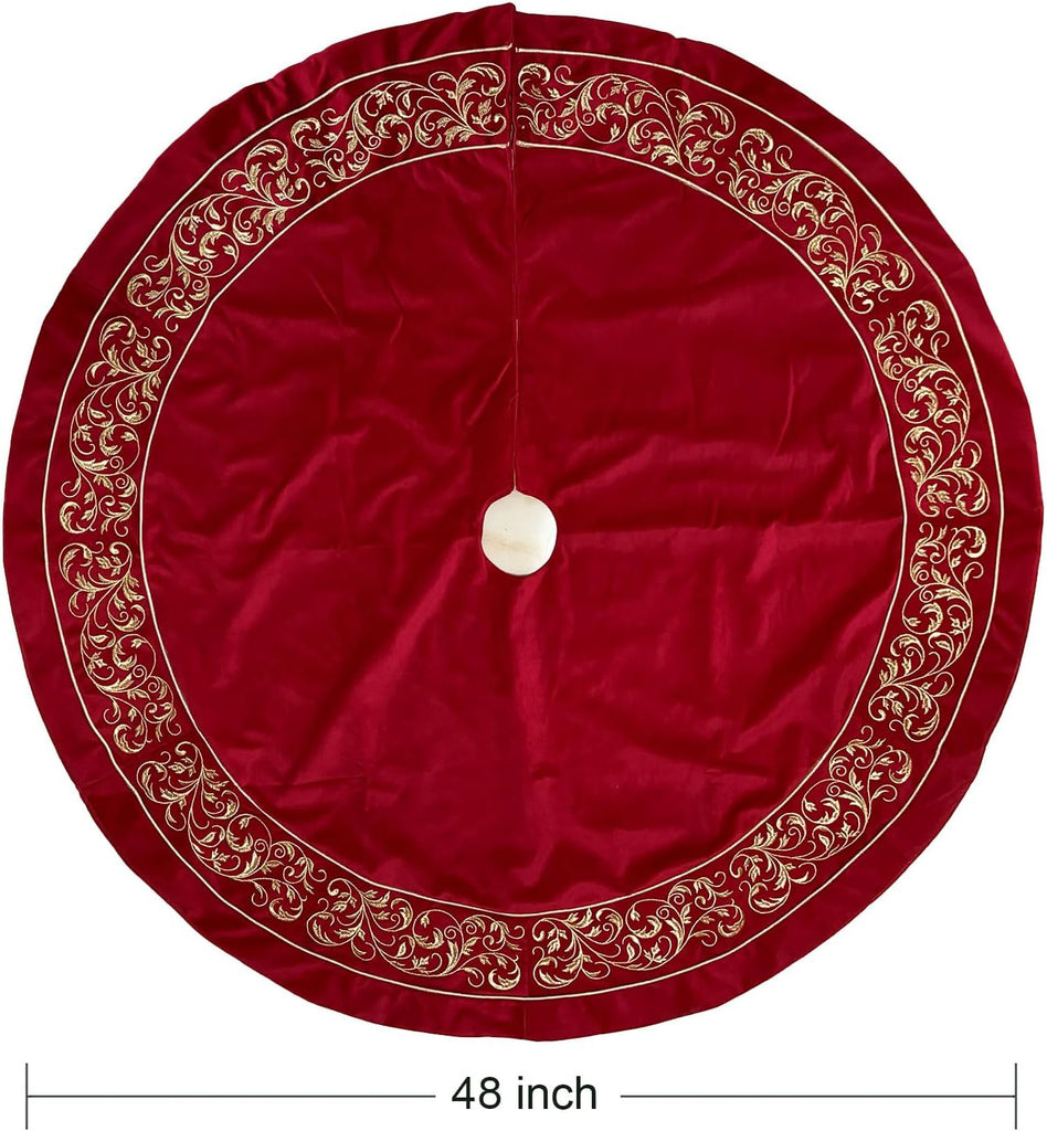 Christmas Tree Skirt 48 inch, Red Luxury Velvet Plush Faux Fur Extra Large Skirts with Golden Embroidered Vintage