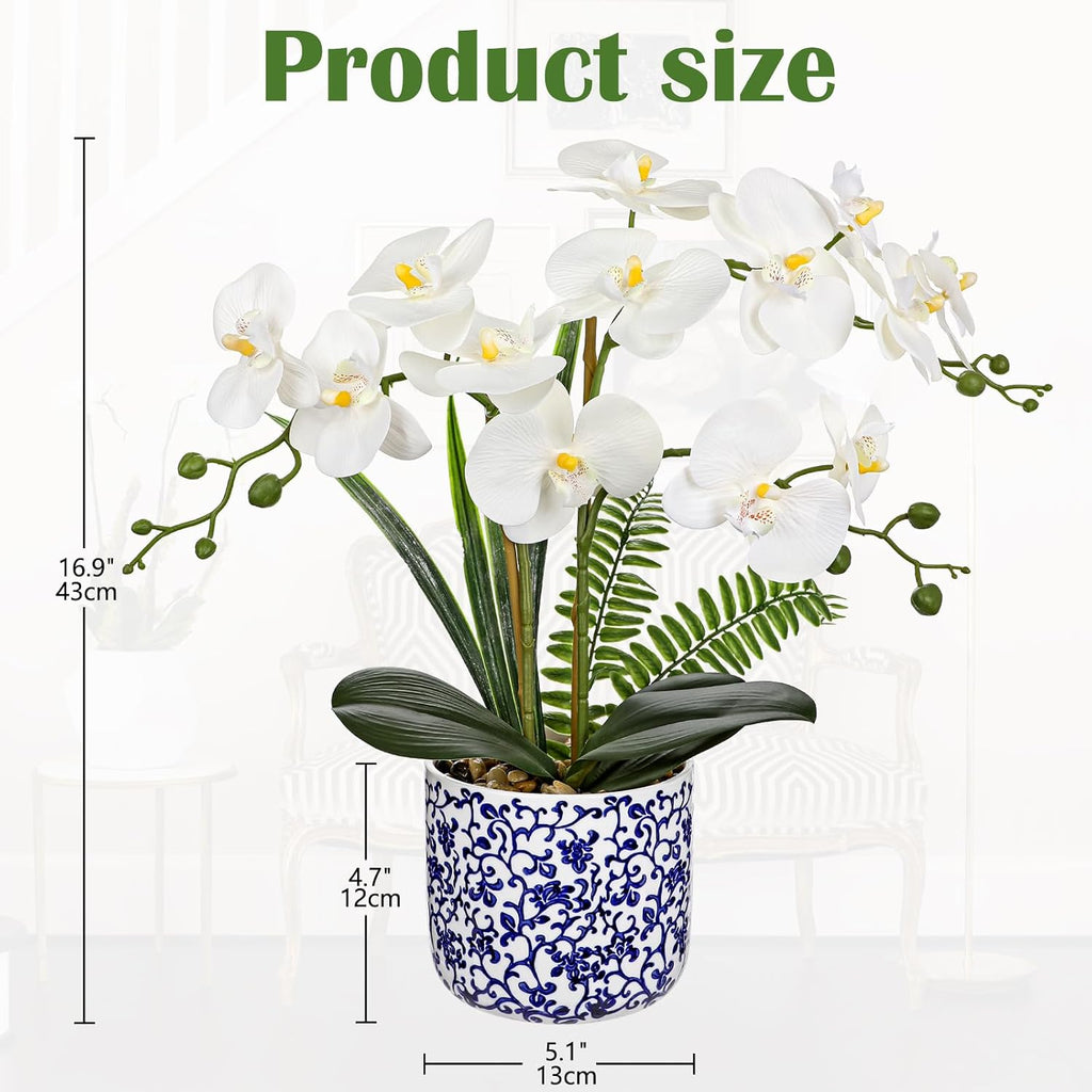 White Orchid Artificial Flowers with Blue and White Pot, 16.9" Silk Orchid Fake Plant Faux Orchids Shelf Room Table