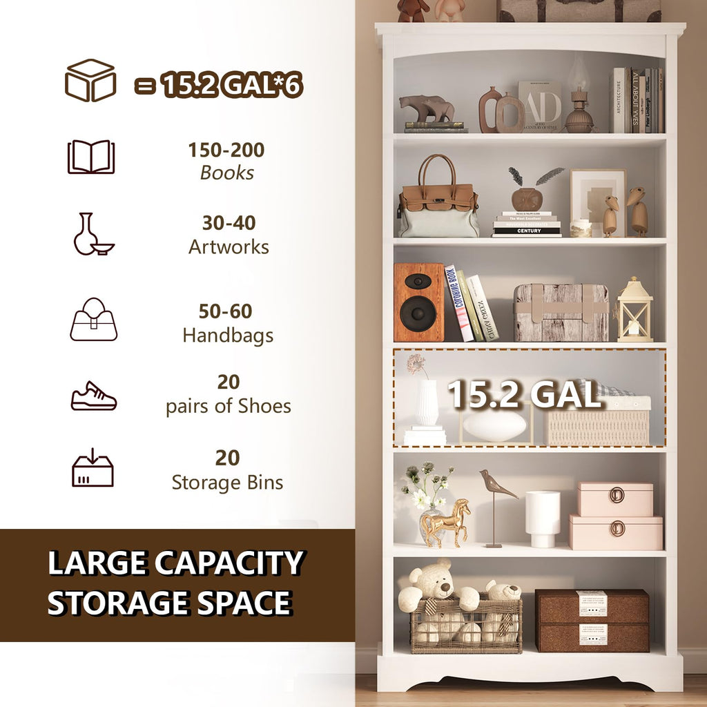 6-Tier Wooden Bookshelf, 76 Inch Tall Bookshelf with Storage, Floor Standing Modern Style Display Bookcase, Study