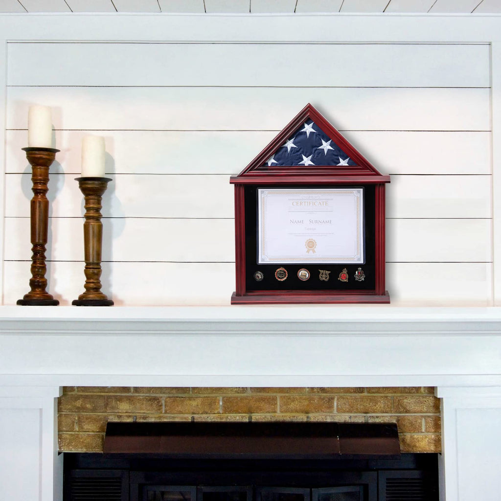 Small Military Shadow Box with Flag Display Case, Mahogany Finish
