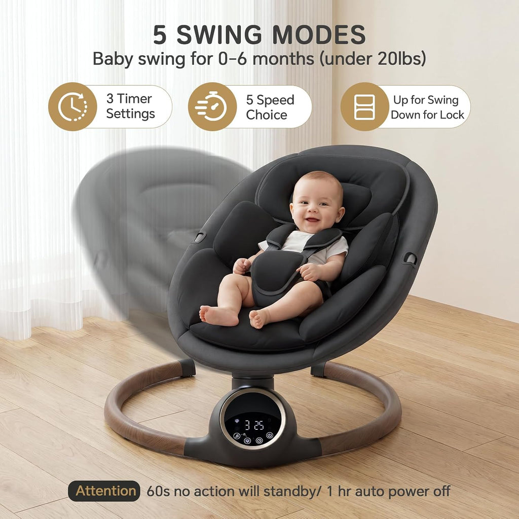 Swing for Infants with 5 Point Harness, 5 Speeds Infant Swing with Soft Cushion, 10 Songs and Bluetooth Music