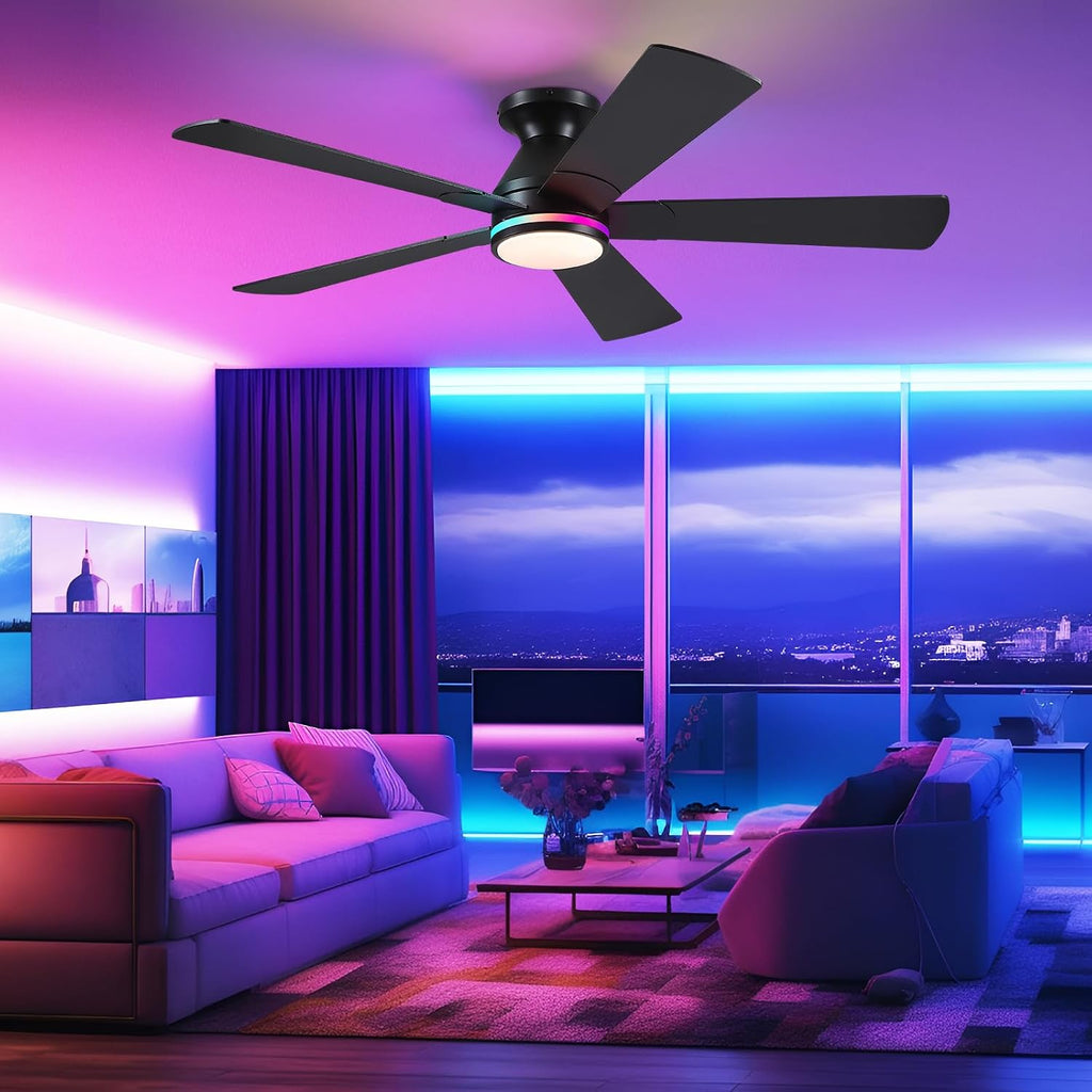 52In Black RGB Ceiling Fans with Lights - Flush Mount Low Profile Ceiling Fan Light with Remote/APP, RGB+3CCT 6 Wind Speeds and Reversible, Modern Fan Light Fixture for Party, Kid's Room A101-B0DTG9HHZY