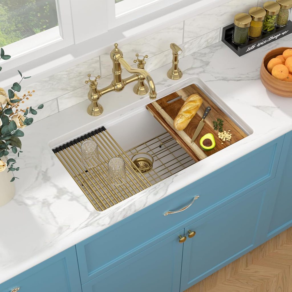 32 Granite Composite Kitchen Sink - 32 x 19 Inch Granite Undermount Kitchen Sink Ledge Workstation Under-Mount White