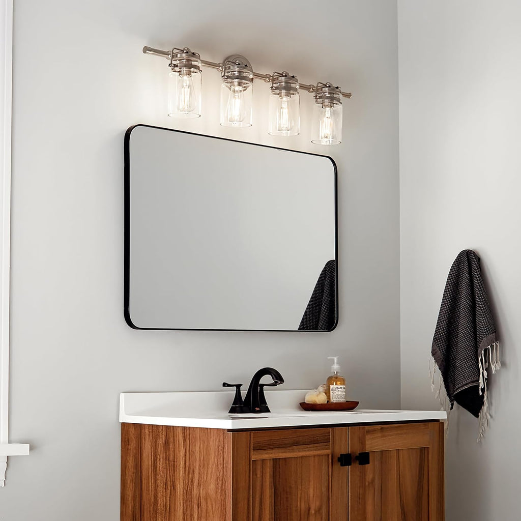 Brinley 32.25" Vanity Light in Brushed Nickel, 4-Light Farmhouse Bathroom Vanity Light with Clear Glass, (32.25" W x