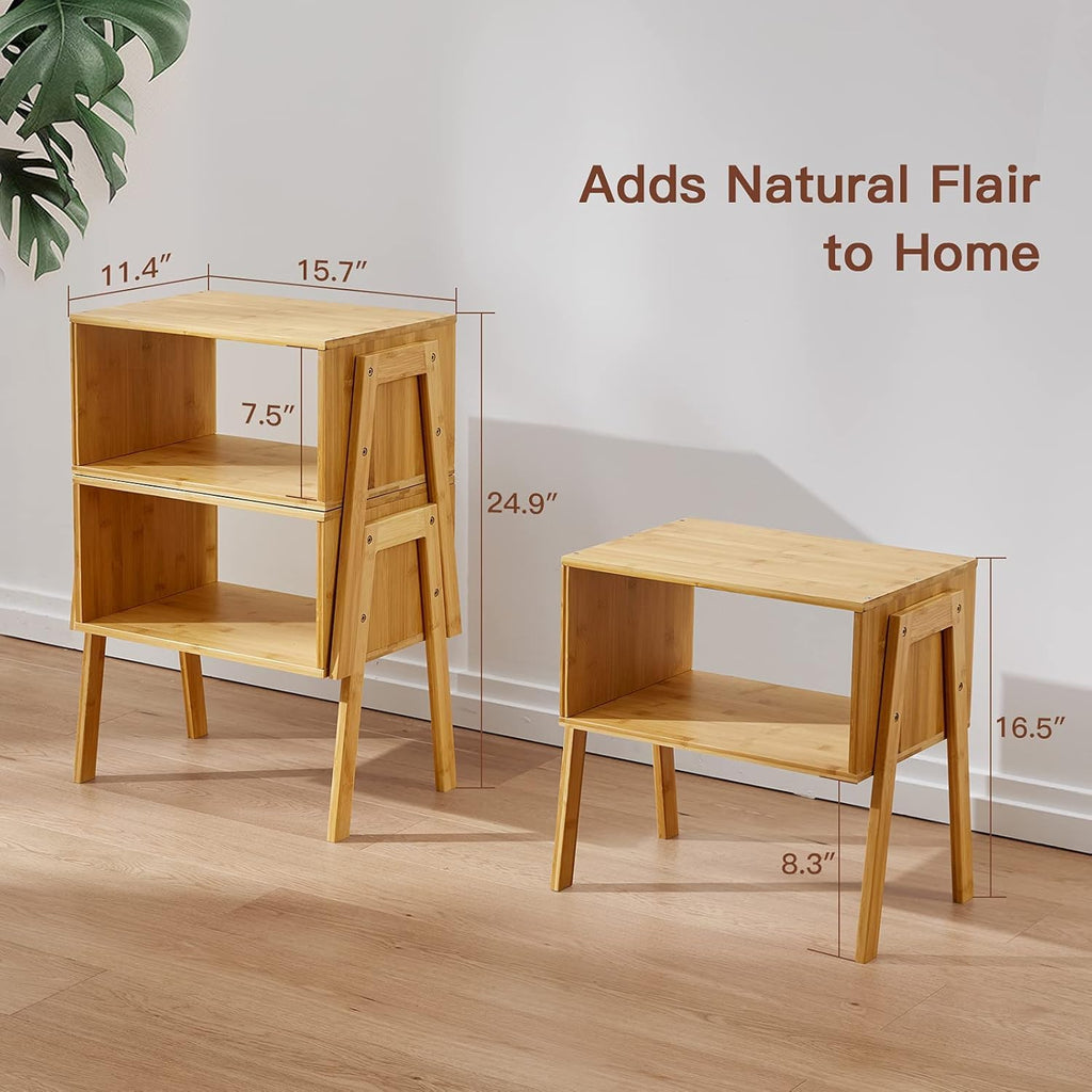 Nightstands Set of 2, Bamboo Stackable Bedside Table, Night Stands with Storage Shelf, Small Bed Side Tables, 2-Tier