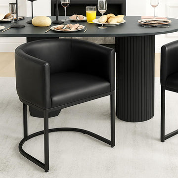 Mid Century Modern Upholstered Barrel Black Dining Chair with Arms, Leather Kitchen & Dining Room Chair, 18.5" Wide