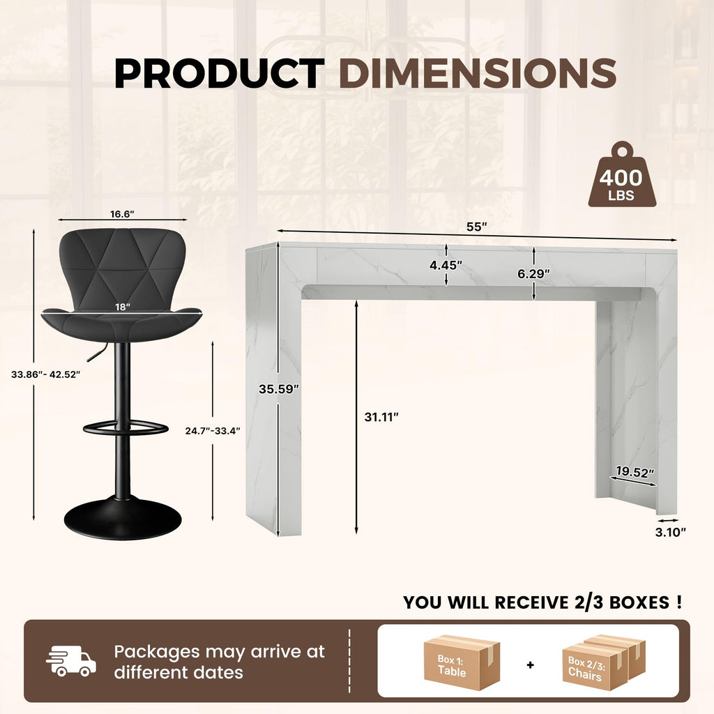 3-Piece Counter Height Bar Table Set, 55 Inch Marble Pub Dining Table & 2 White Swivel Adjustable Bar Stools, PU