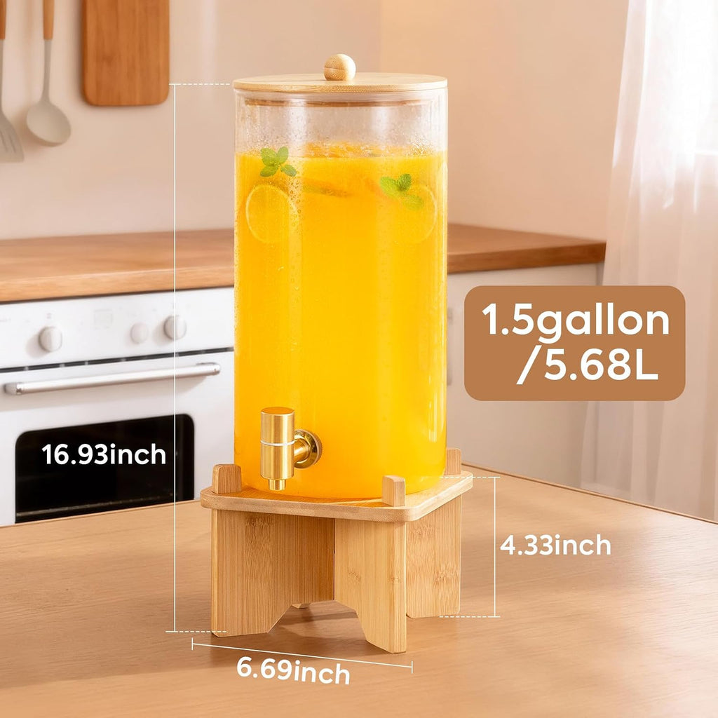 1.5 Gallon Drink Dispenser: 2P Glass Dispenser w/Bamboo Stand - Set of 2