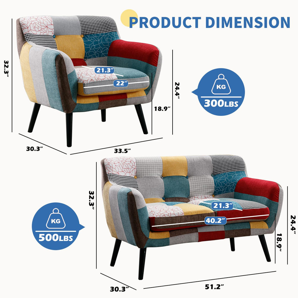 Modern Colorful 3 Piece Coroful Fabric Sofa Set, Included 2 Accent Chairs and 1 Boho Loveseat Linen Patchwork Plaid