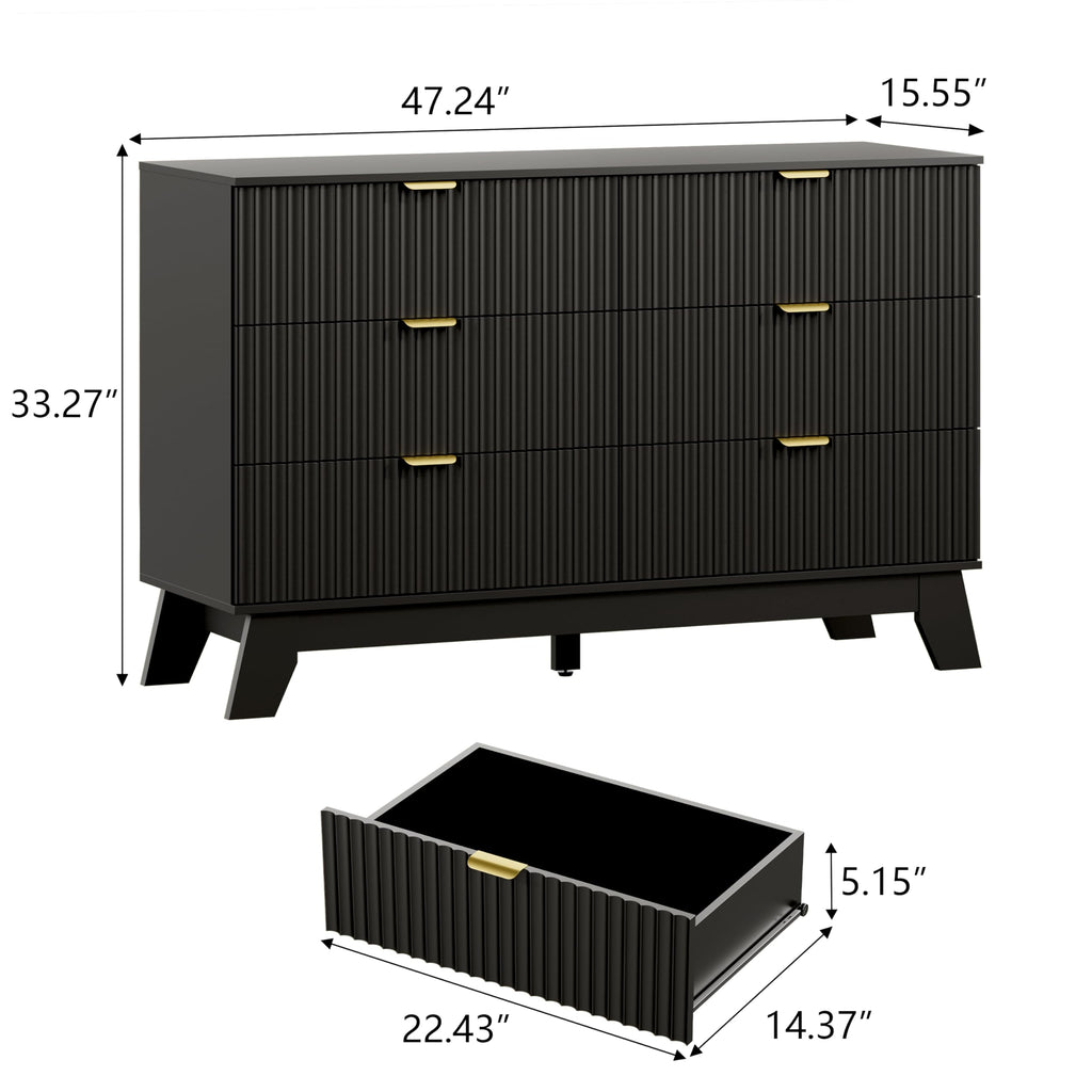 6 Drawer Fluted Dresser, Mid Century Modern Dresser with 6 Drawers, Dressers & Chests of Drawers with Metal Handle