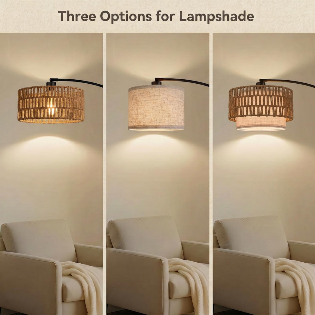Arc Floor Lamp with 12W Bulb, 61.5"-71.5" Height Adjustable Rattan Floor Lamps with 3 Color Temps, Farmhouse Arched