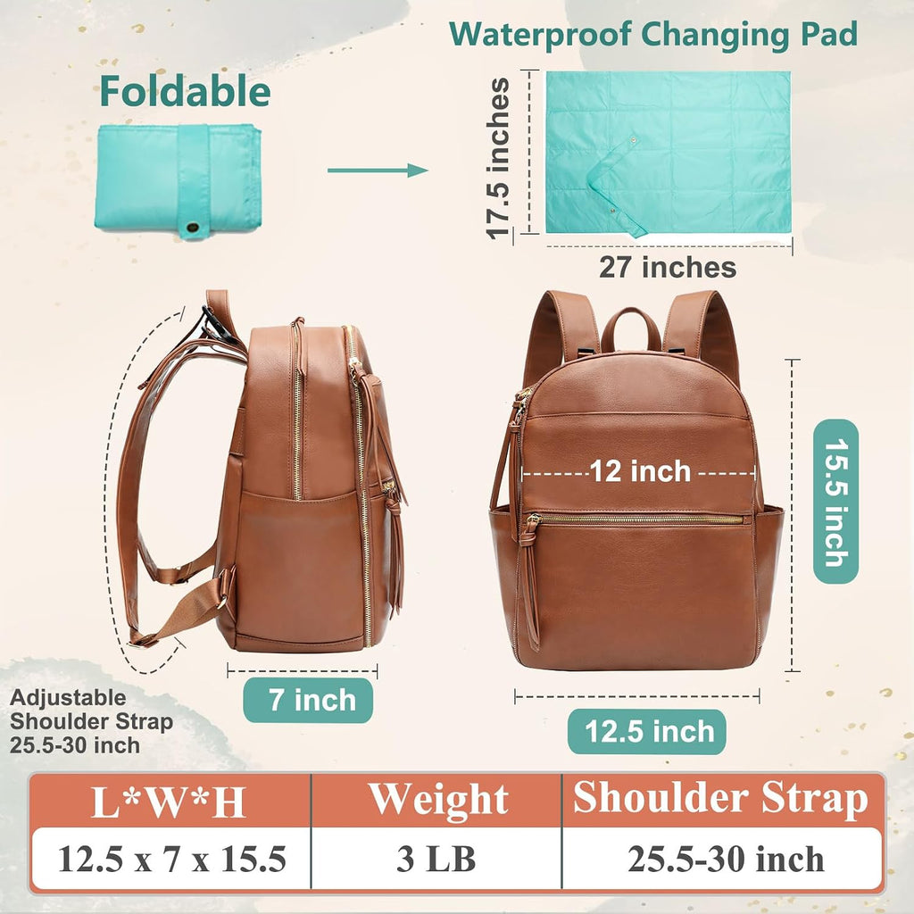 Diaper Bag Backpack with 6 Insulated Pockets, Leather Diaper Bag, Large Baby Bag for Mom, Baby Registry, 18 Pockets