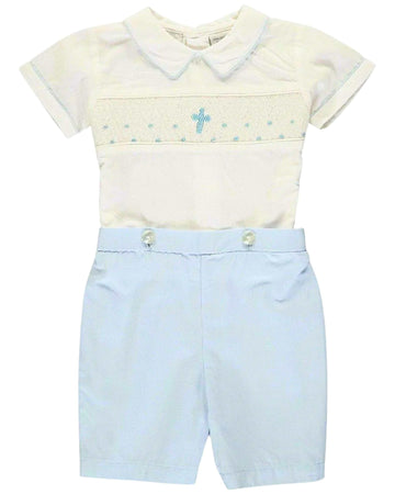 Boy Christening Smocked Cross Bobbie Suit, Cotton