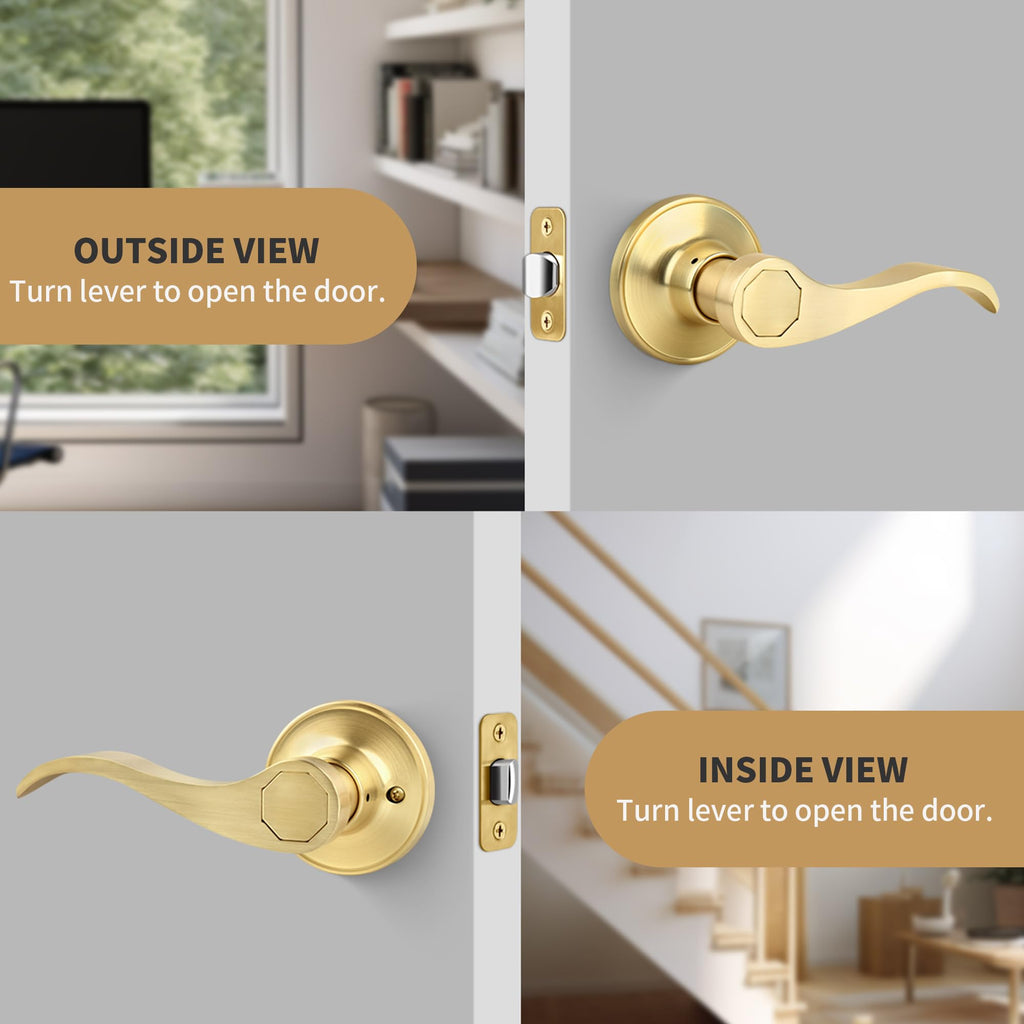 Brushed Gold Wave Style Passage Door Handle Without Keys, Non-Locking Door Lever /Closet in Satin Brass Finish, No