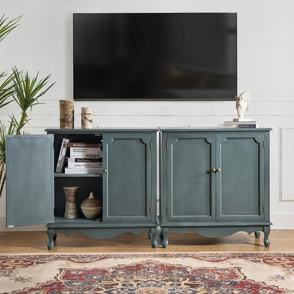 Antique Solid Wood Sideboard with Adjustable Feet, 2 Shelves Storage Accent Cabinet with 2 Doors, Farmhouse Vintage
