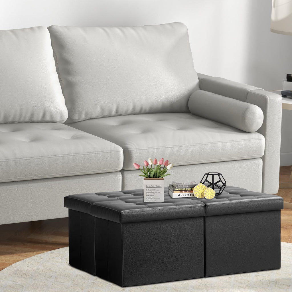 Footrest Ottoman Storage Bench, 34" Leather Folding Chest, Black