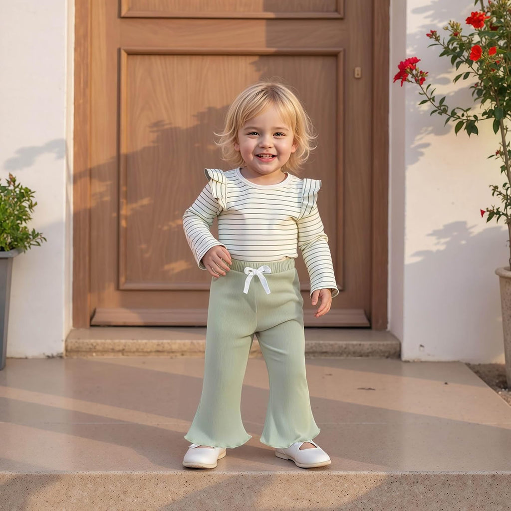 Toddler Baby Girl Outfits Ruffle Long Sleeve Striped Trim Tops + Flare Pants Set Toddler 2Pcs Fall Winter Clothes