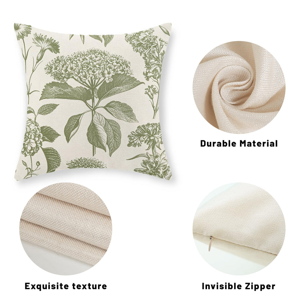 Sage Green Pillow Covers 18x18 Set of 2 Boho Floral Hydrangea Herbs Botanical Throw Pillows Vintage Flower Outdoor
