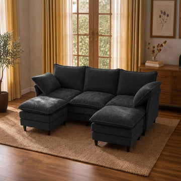 69" Small U-Shaped 4-Seat Convertible Sectional Sofa Couch, Chenille, Black