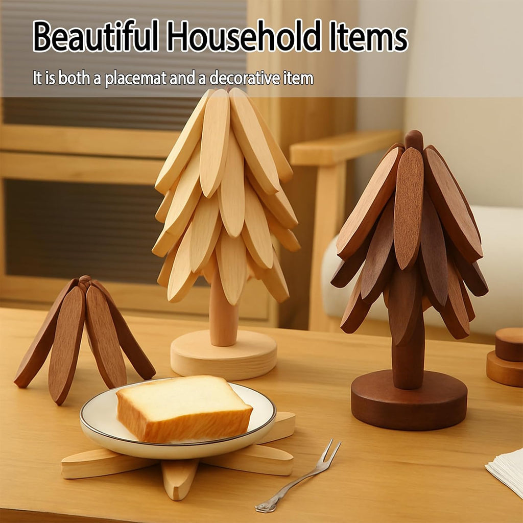 Natural Tree Trivet Set for Hot Dishes - Foldable Wooden Trivets for Hot Pots&Bowls, 5 Walnut Color Wood Heat - Set of 5