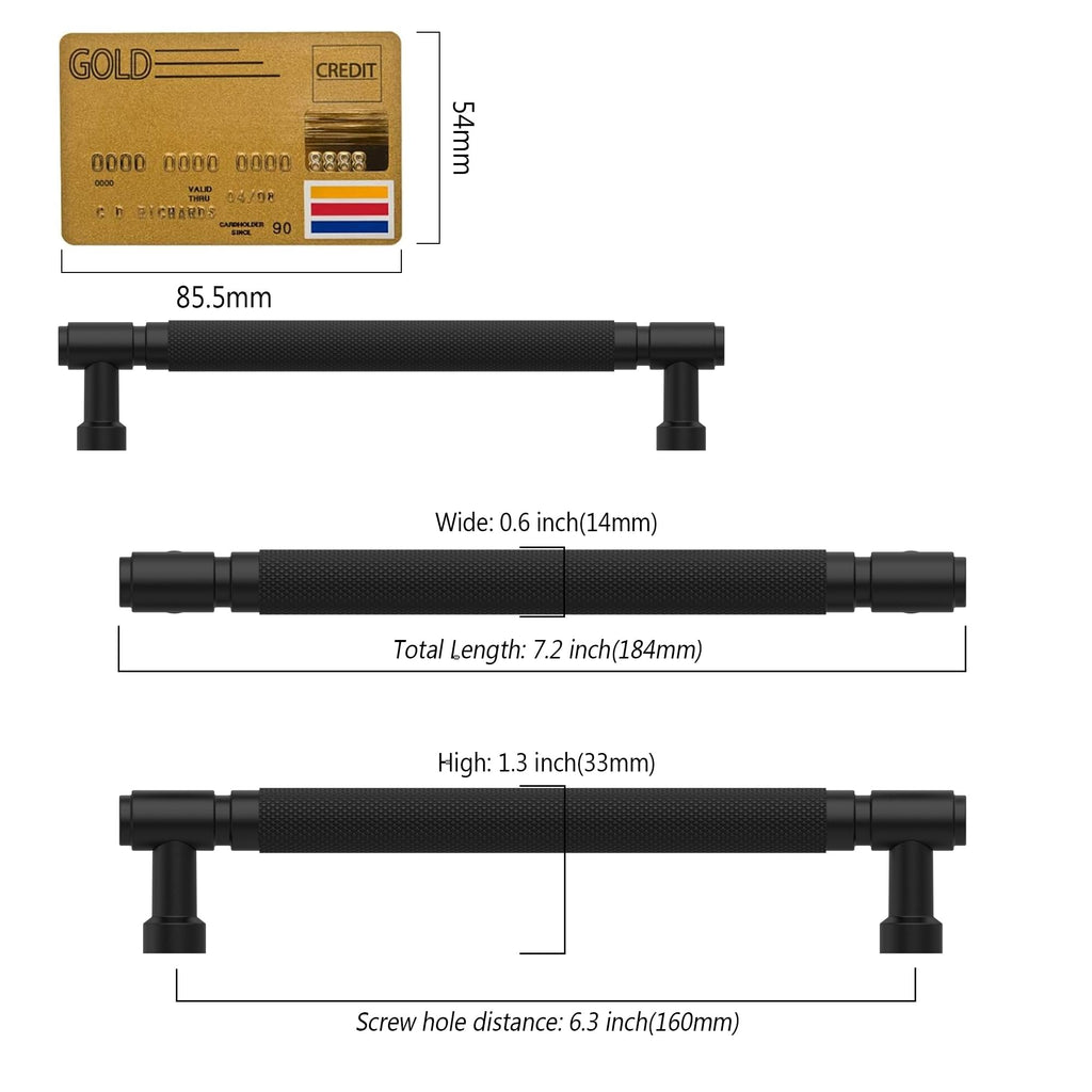 10 Pack Matte Black knurled Cabinet Pulls 6.3"