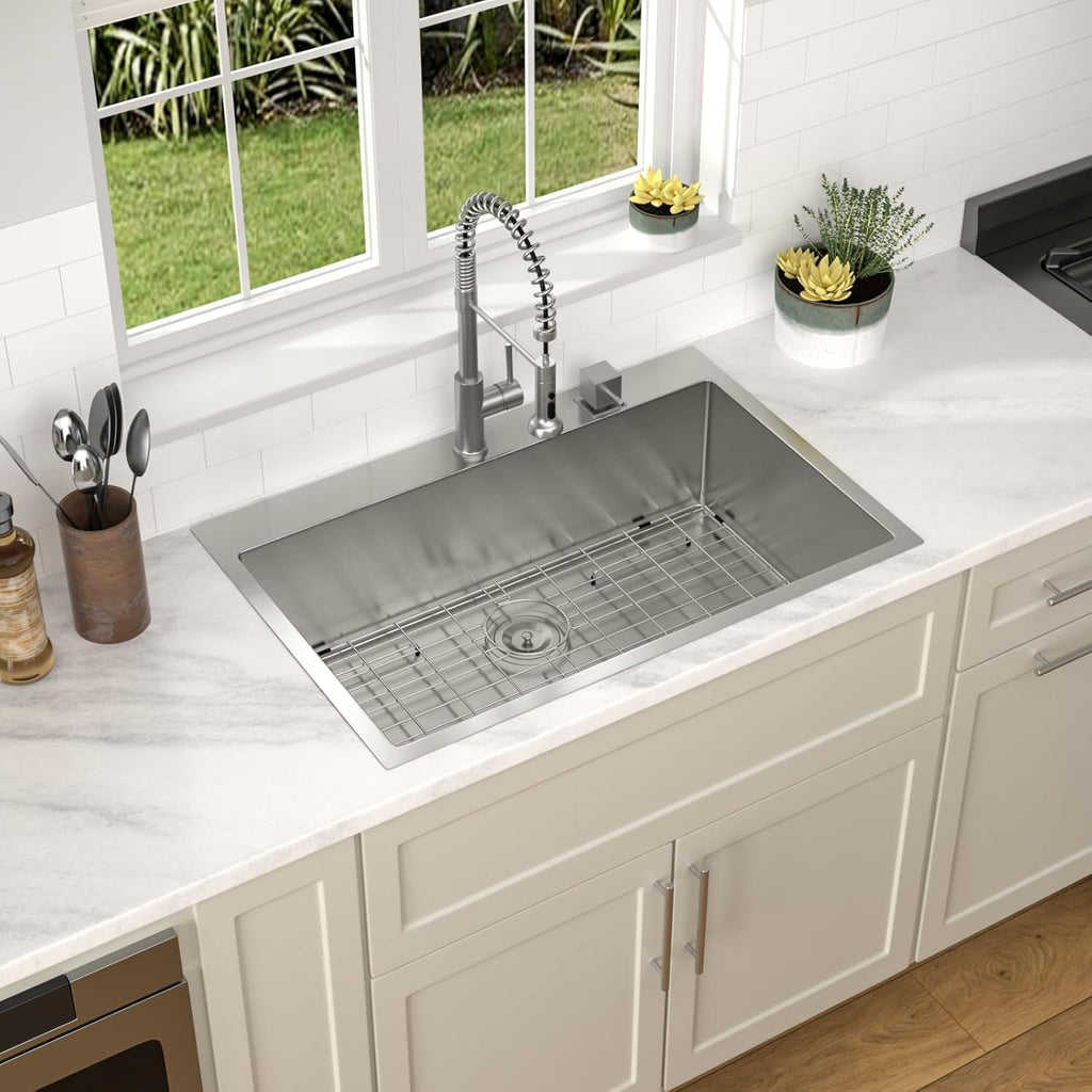30 Inch Drop Sink Workstation 16 Gauge 304 Stainless Steel Single Bowl Top Mount Sinks, Round Corner 30"x22"x9"