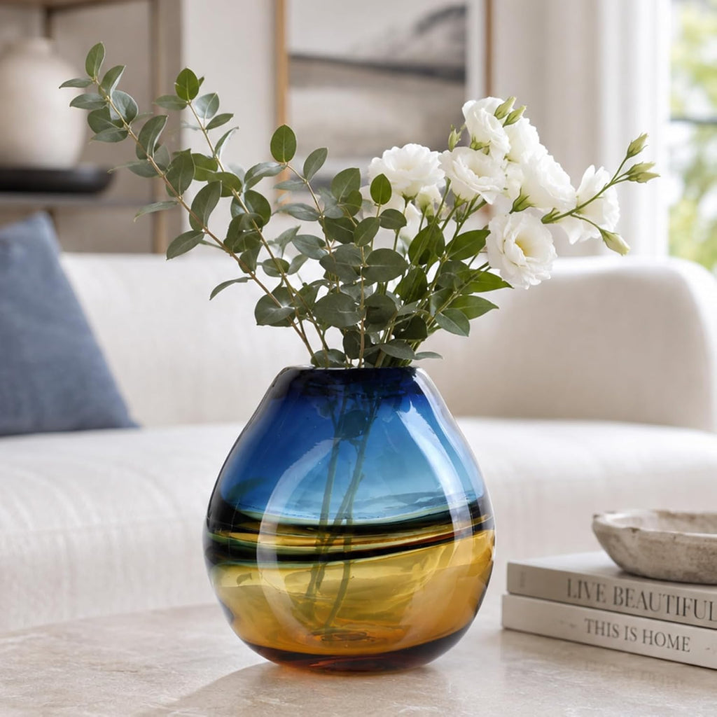 Hand Blown Glass Flower Vase, Murano Style Art Glass Vase Table Centerpiece