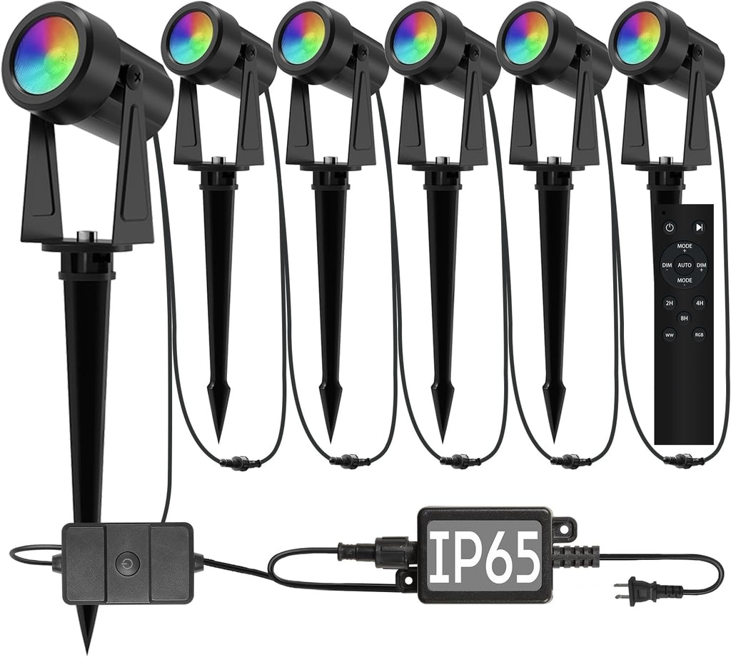 Outdoor Landscape Lighting with Remote, RGBW Color Changing Spot Uplights, 6 Pack