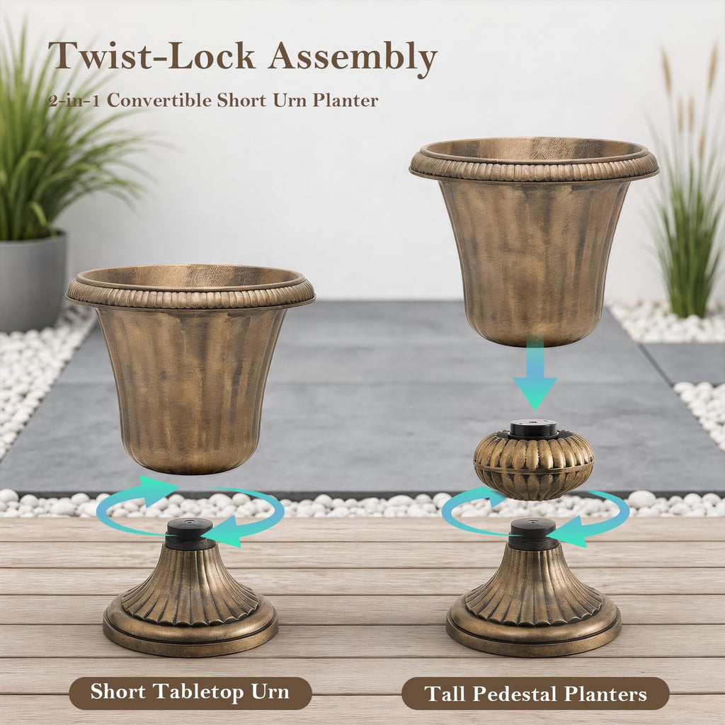 20" Tall Urn Planters for Outdoor Plants, 2 Pack, Bronze