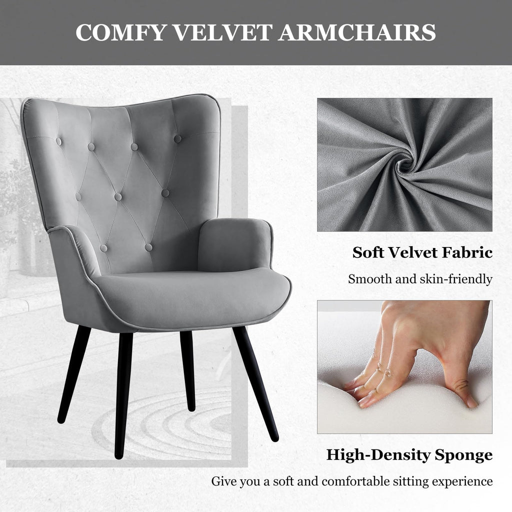 Grey Velvet Accent Chair Mid Century Modern Living Room Chairs; Comfy Armchair Leisure Vanity Guest Wingback Chair