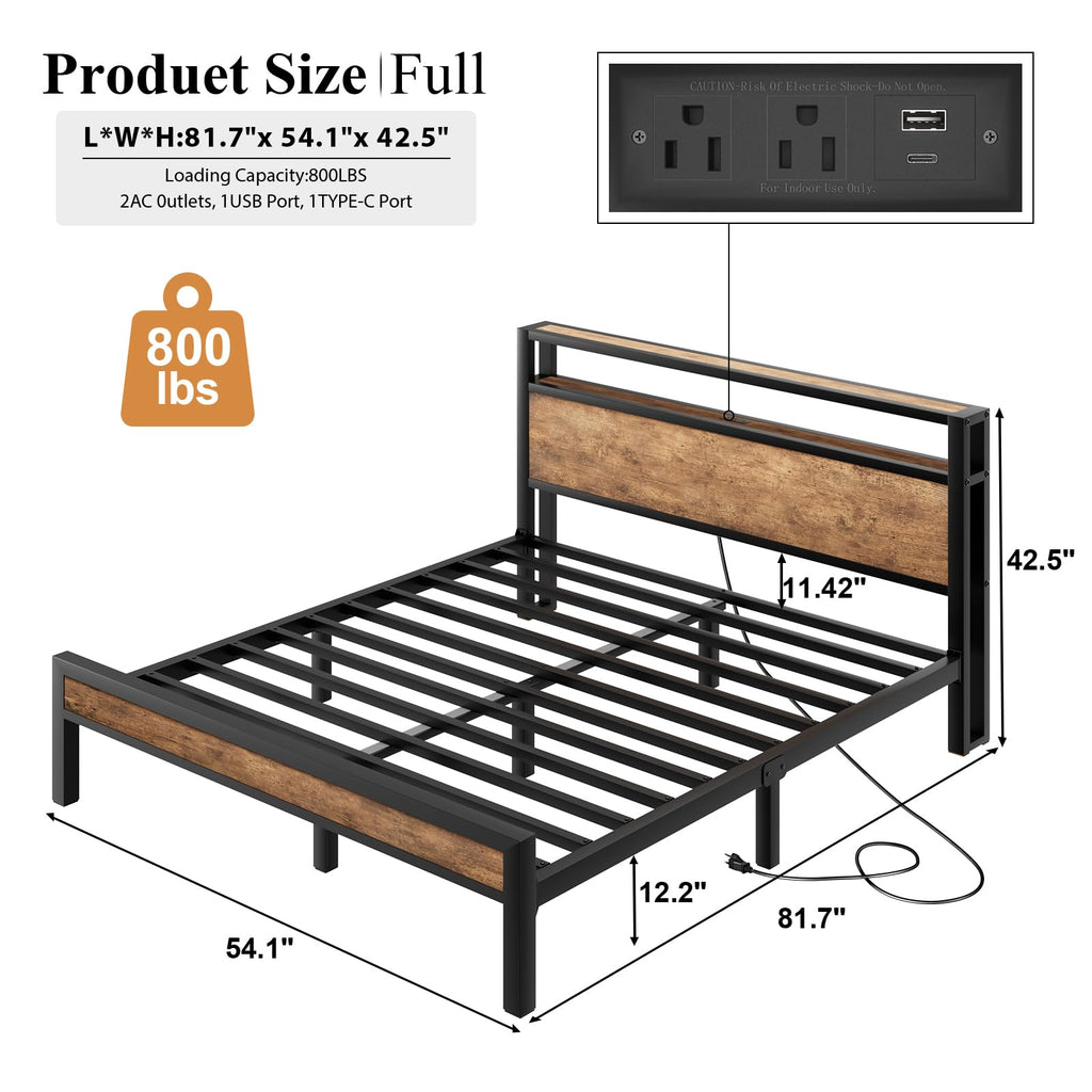 Bed Frame with Storage Headboard and LED Lights, Rustic Brown
