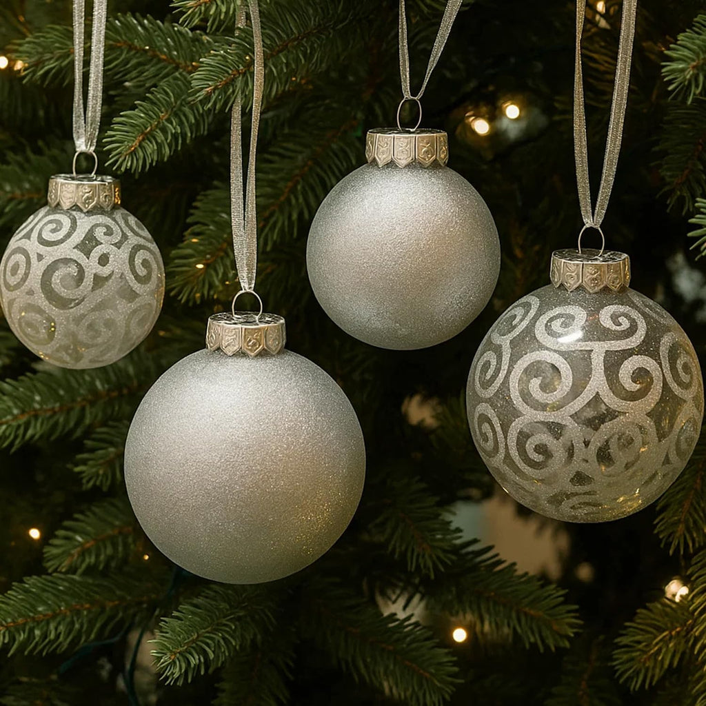 Silver Christmas Ball Ornaments Set for Tree Decor, Shimmer & Swirl