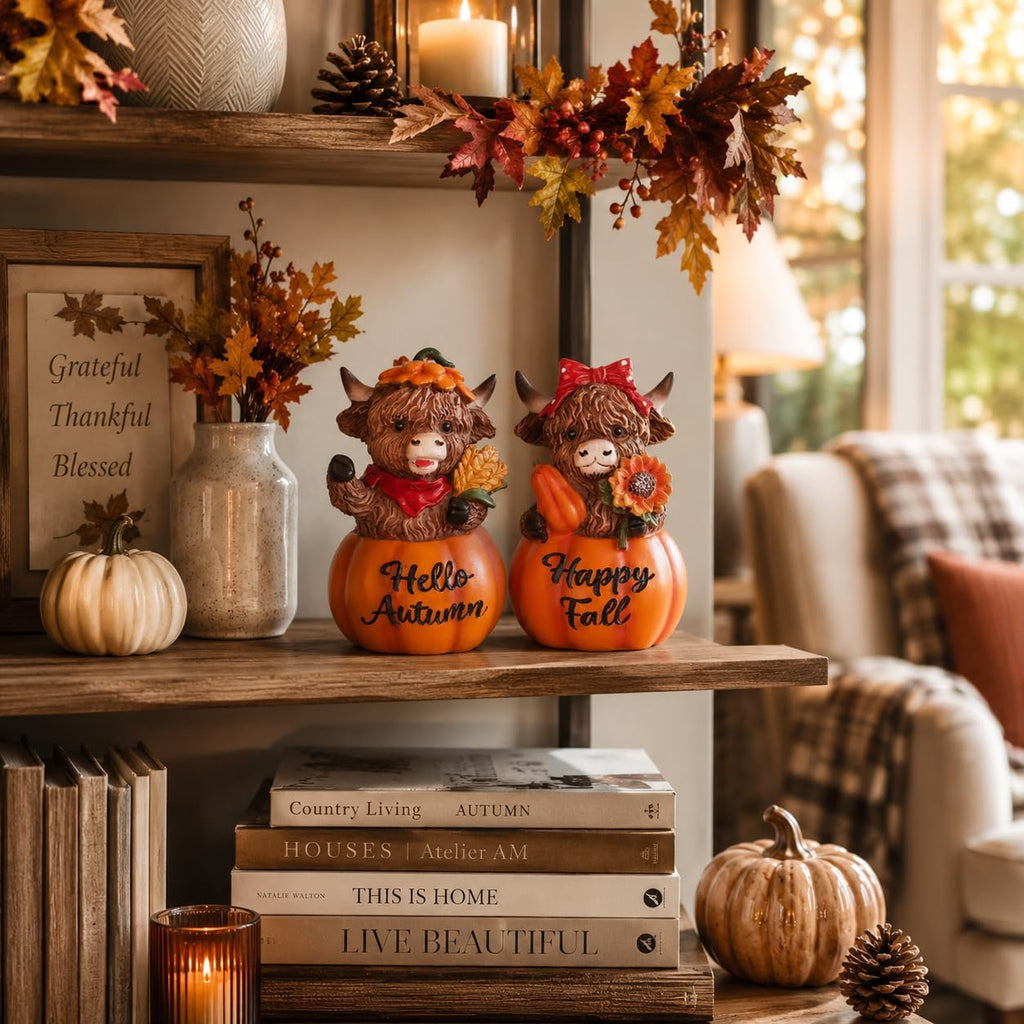 Fall Decorations, Resin Highland Cows Figurines for Fall Decor, Rustic Pumpkin Harvest Ornaments - Set of 2